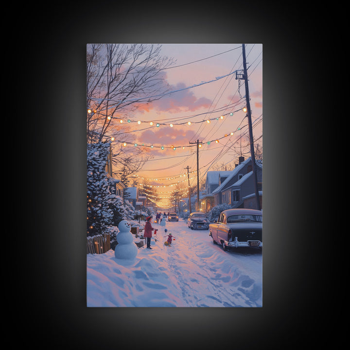 Cozy Neighborhood Christmas Evening with Snowmen and Festive Lights, Perfect for Framed Canvas Print and Holiday Wall Art