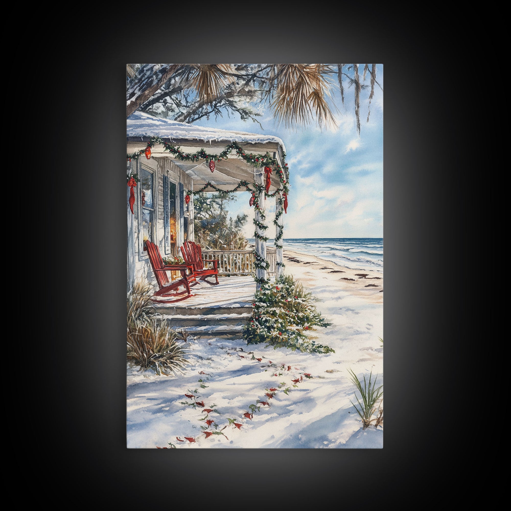 Surf Shack Decorated For Christmas, Tropical Christmas Wall Art, Canvas Print, Framed Wall Art, Christmas Vintage, Christmas Vacation Art
