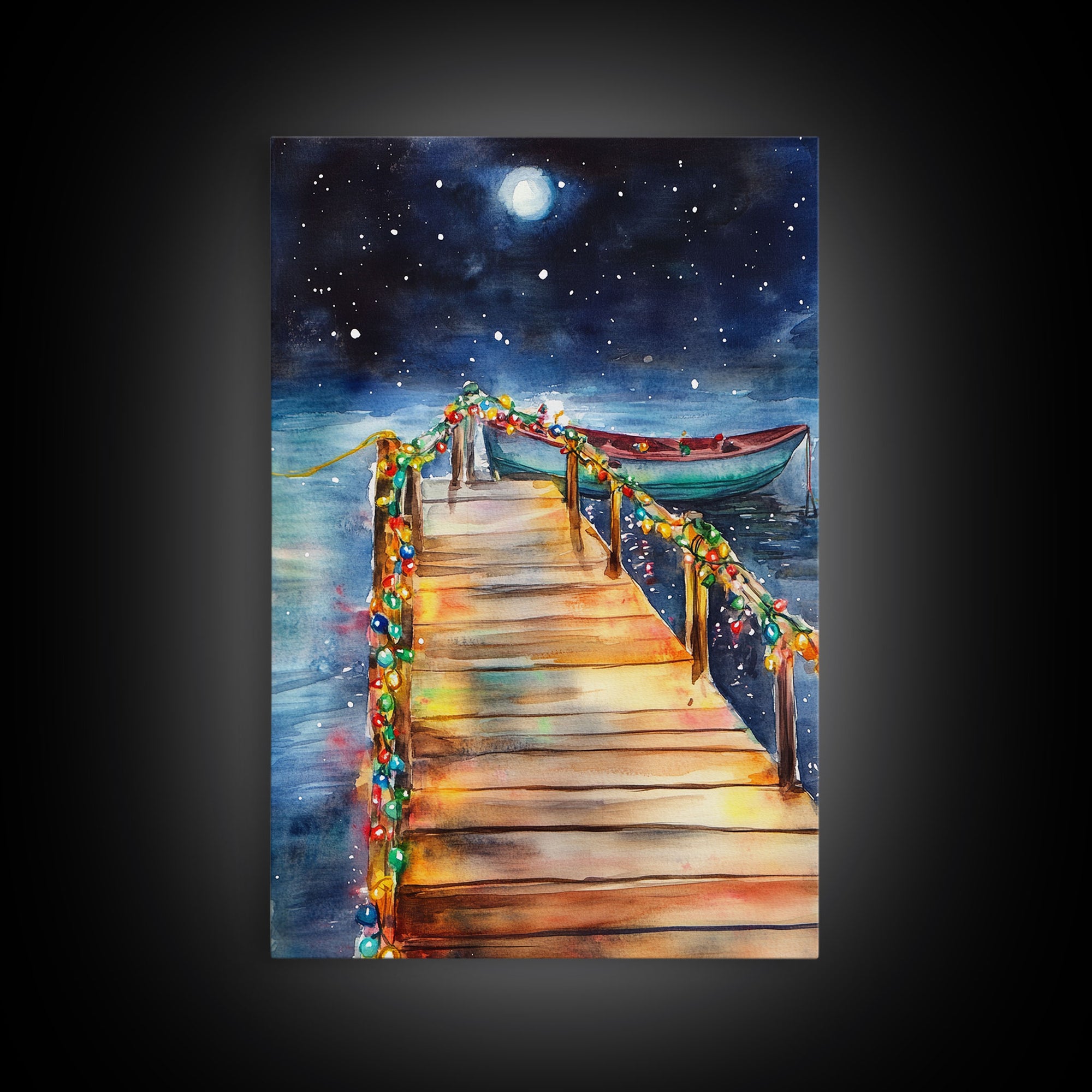 Lakeside Dock Decorated For Christmas, Nautical Christmas Wall Art Canvas Print, Farmhouse Christmas, Lake House Christmas Art