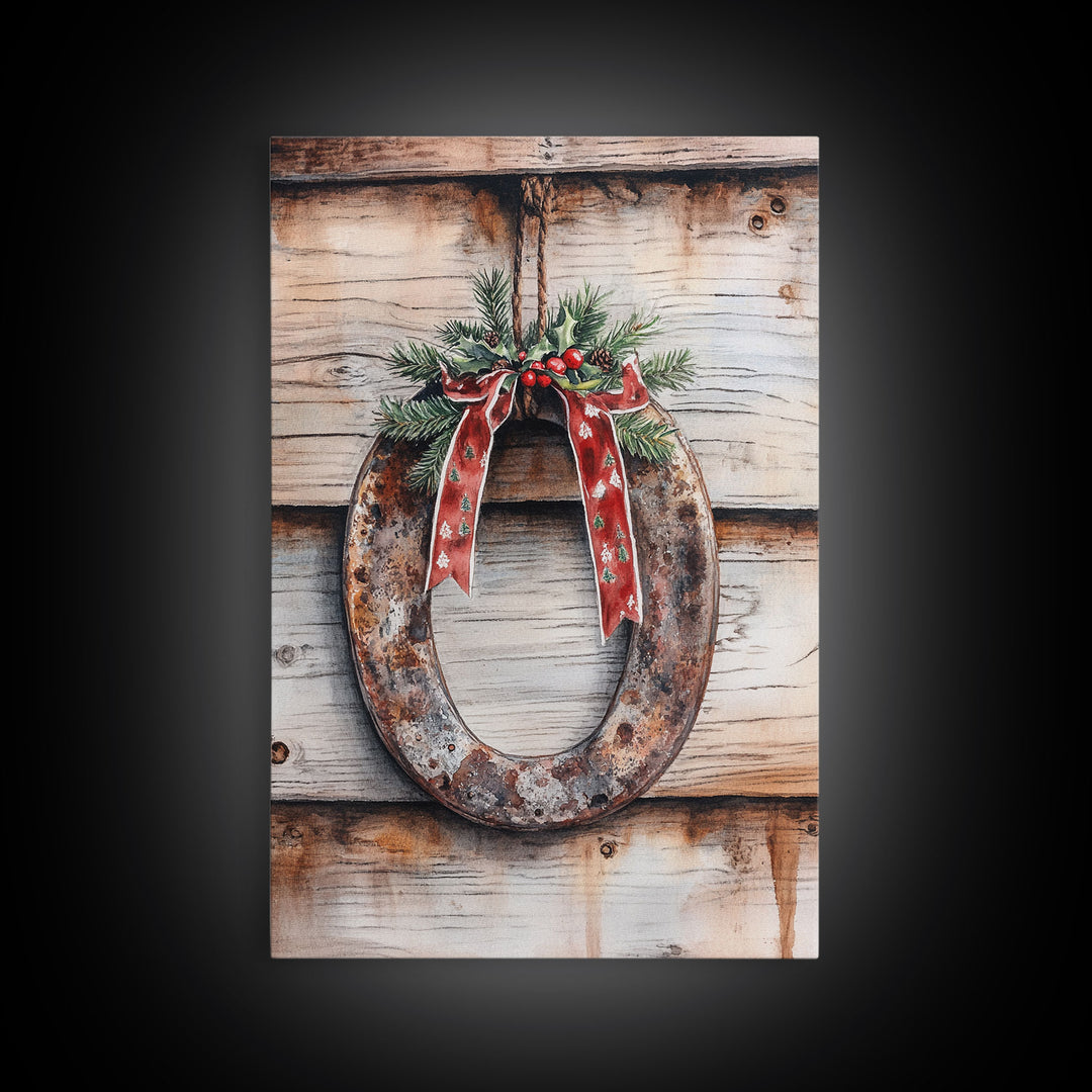 Christmas Horseshoe Framed Canvas Print, Horse Shoe With Mistletoe, Wood Framed Christmas Art, Western Decor, Boho Christmas, Minimalist