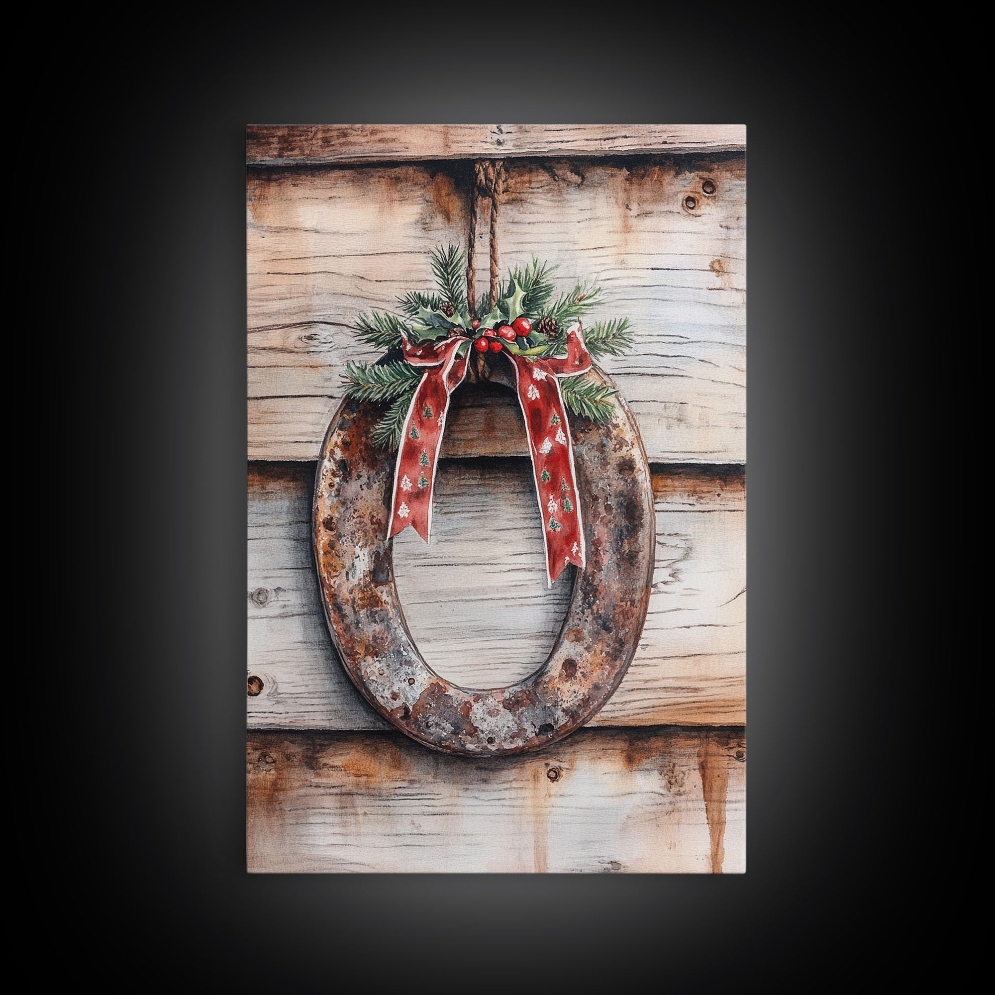Christmas Horseshoe Framed Canvas Print, Horse Shoe With Mistletoe, Wood Framed Christmas Art, Western Decor, Boho Christmas, Minimalist