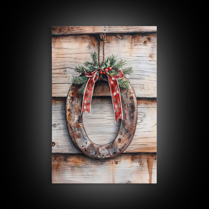 Christmas Horseshoe Framed Canvas Print, Horse Shoe With Mistletoe, Wood Framed Christmas Art, Western Decor, Boho Christmas, Minimalist
