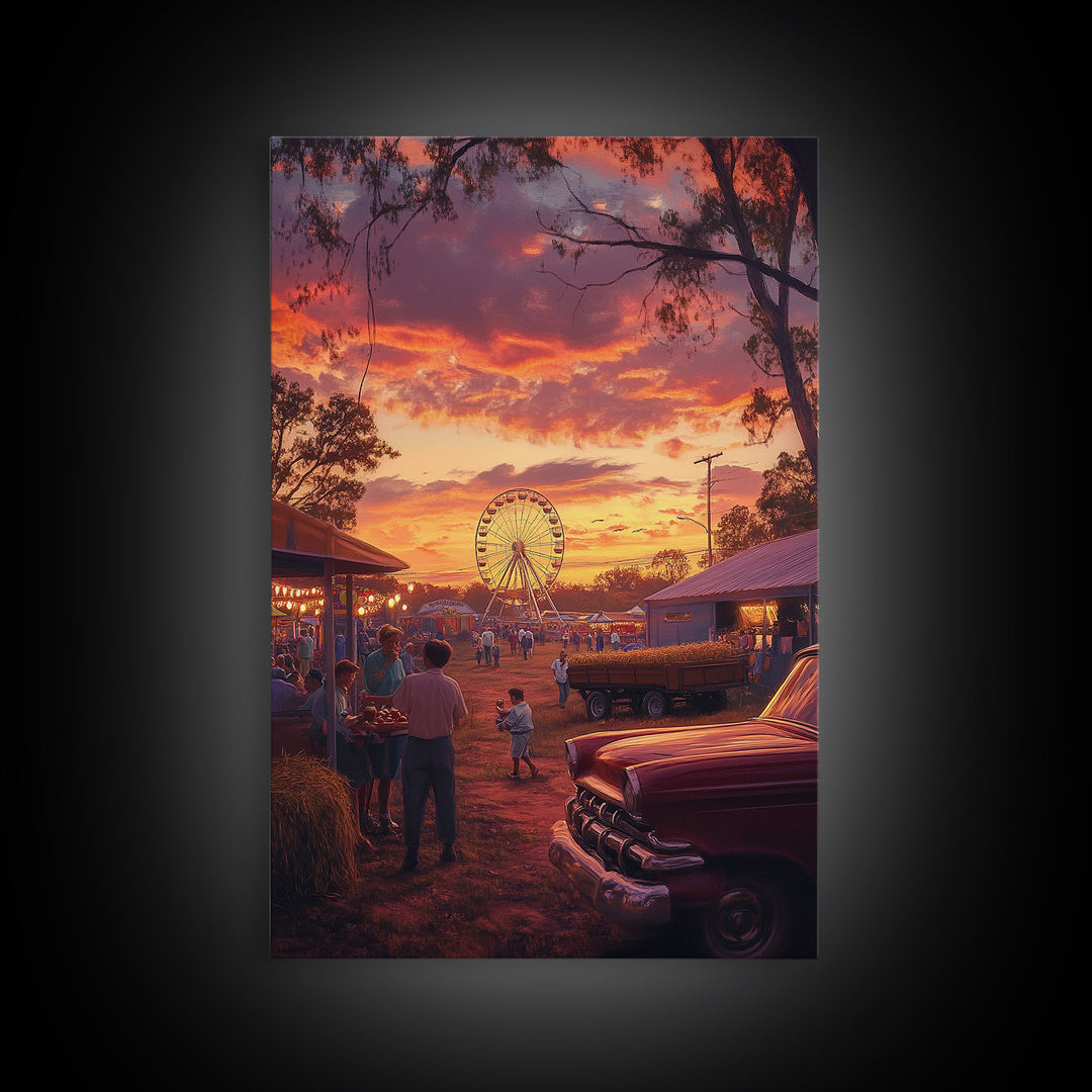 Rustic Country Fair at Sunset, Carnival Ferris Wheel and Warm Autumn Colors, Framed Canvas Print for Seasonal Home Decor