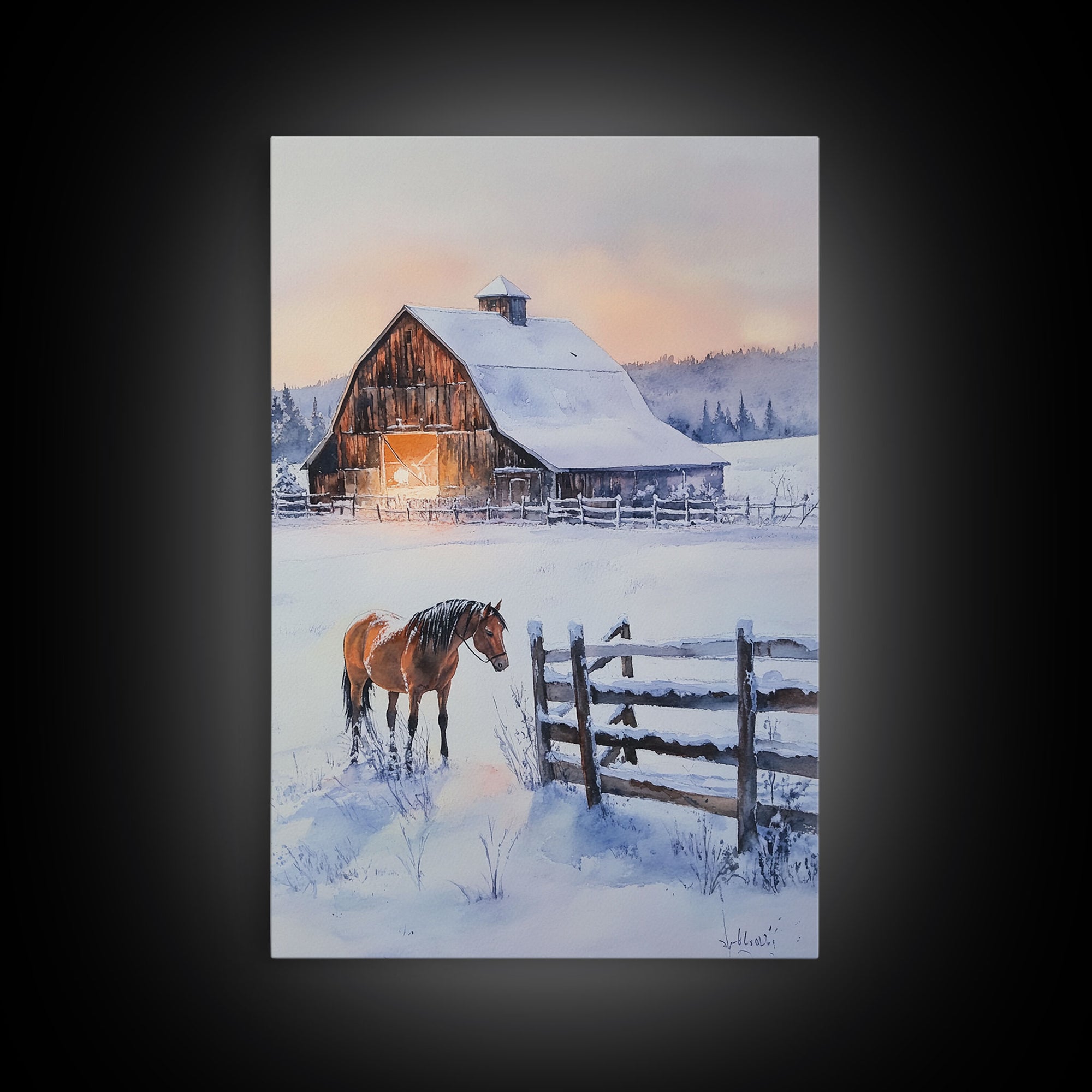 Christmas On The Farm, Winter Wall Art Framed Canvas Print, Gift Idea, Seasonal Decor, Barn Painting, Farmhouse Art