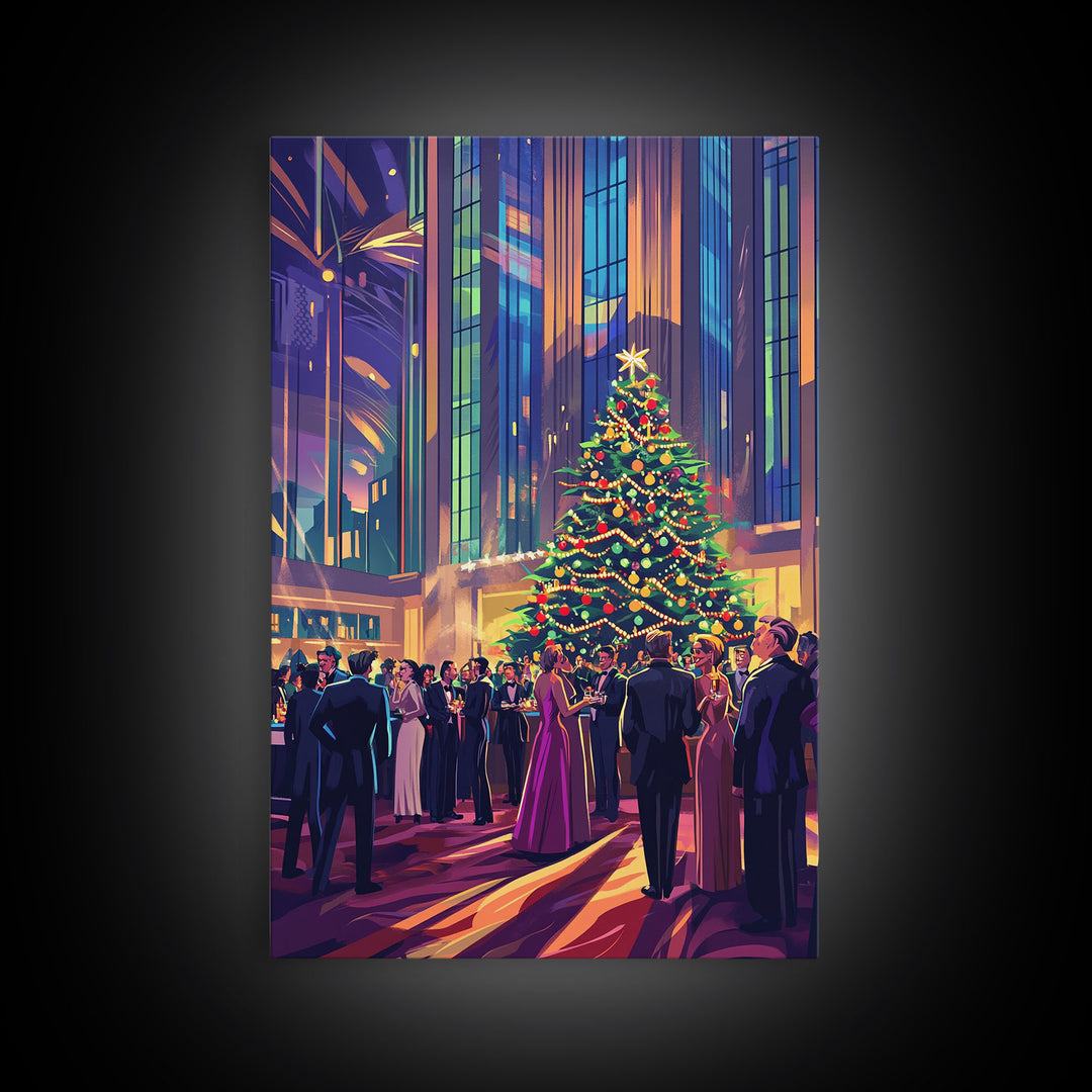 Elegant Christmas Ball Scene with Large Decorated Tree and Holiday Party, Perfect for Framed Canvas Print and Christmas Wall Art