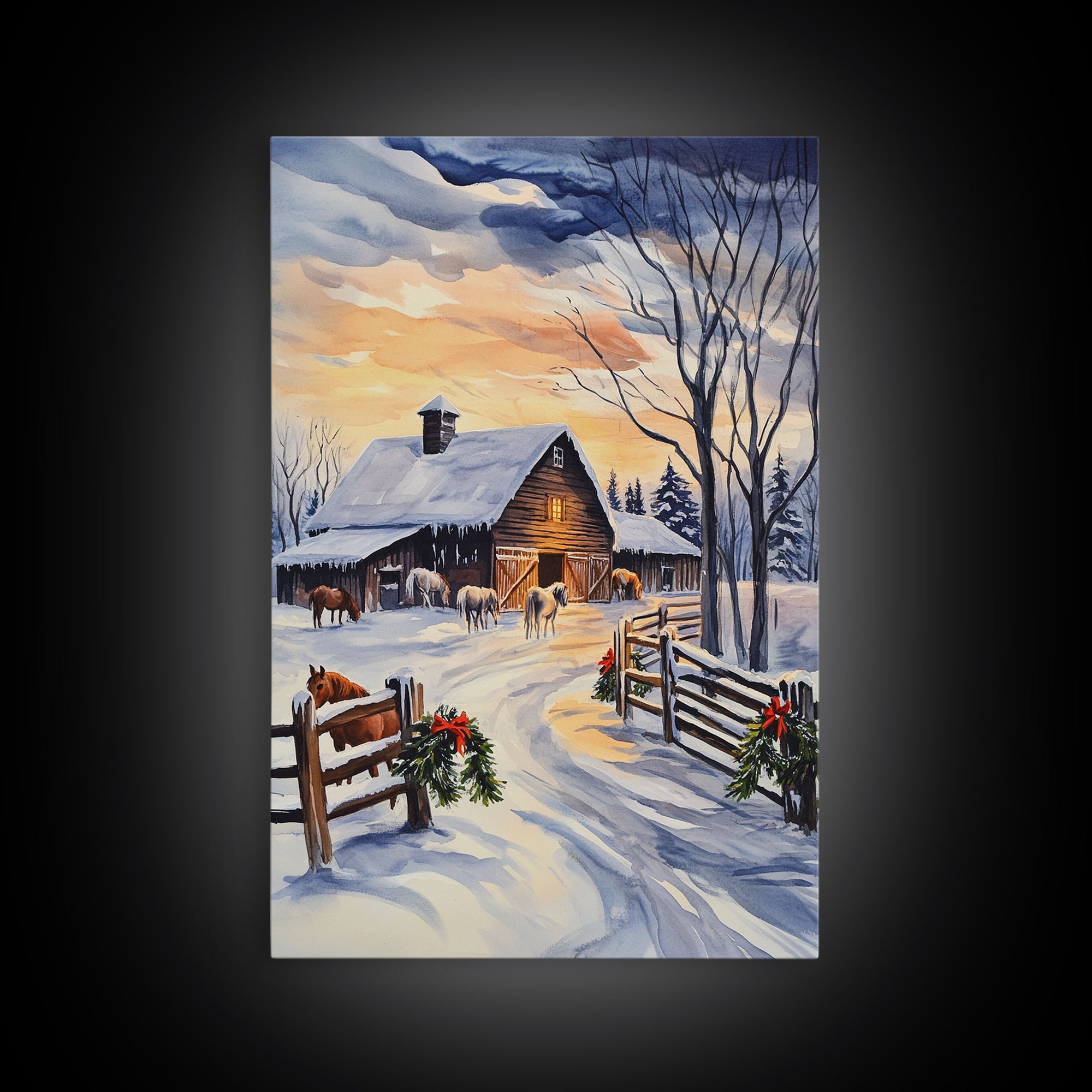 Christmas On The Farm, Winter Wall Art Framed Canvas Print, Gift Idea, Seasonal Decor, Barn Painting, Farmhouse Art