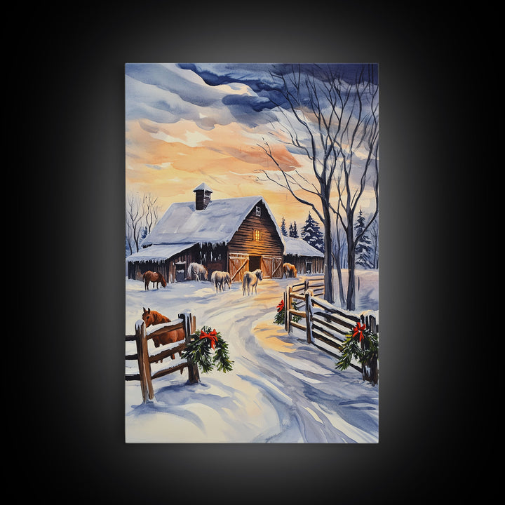 Christmas On The Farm, Winter Wall Art Framed Canvas Print, Gift Idea, Seasonal Decor, Barn Painting, Farmhouse Art