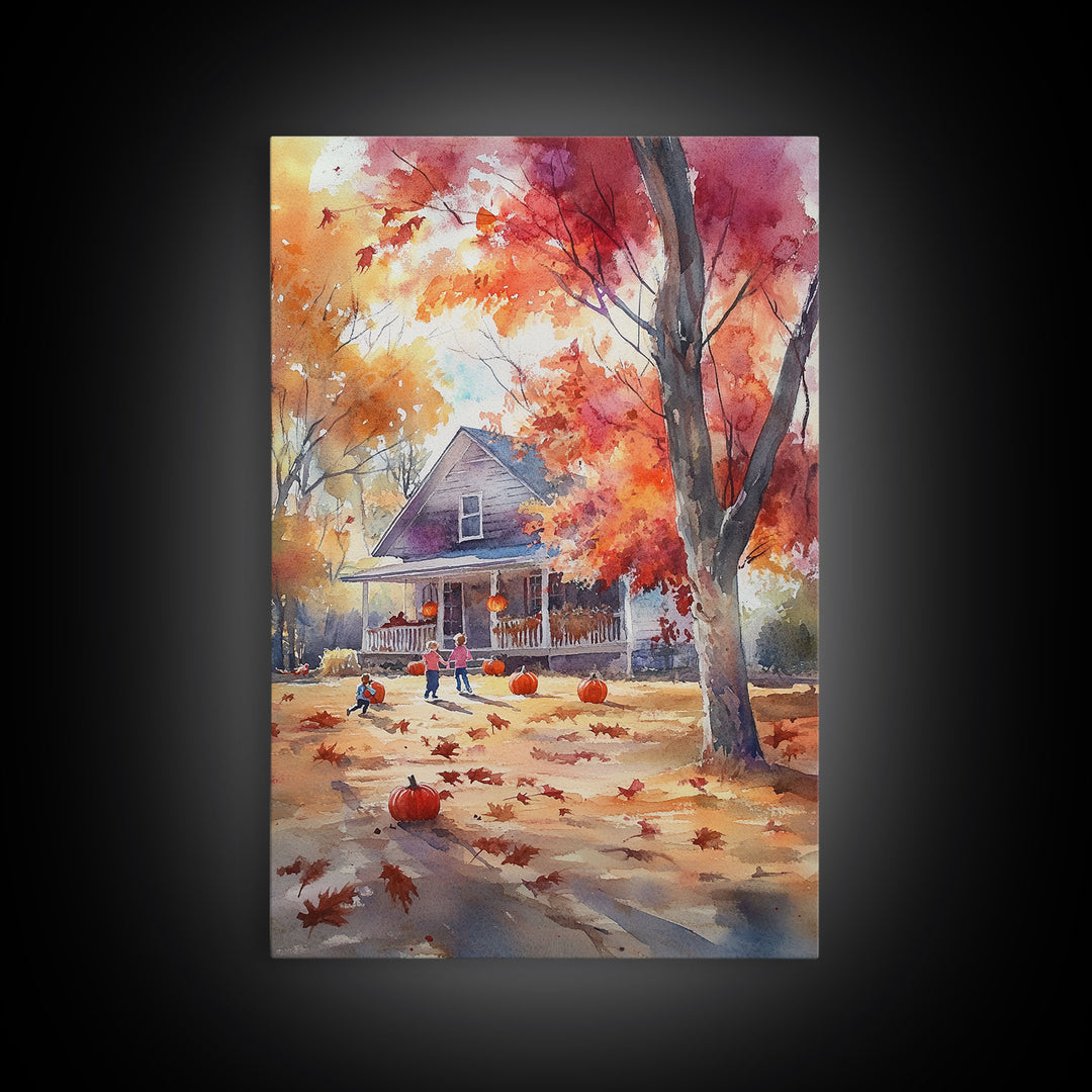 Kids Playing In Fall Leaves Framed Canvas Print Autumn Country Wall Art Farmhouse Decor Best Gift Idea Seasonal Holiday Wall Art