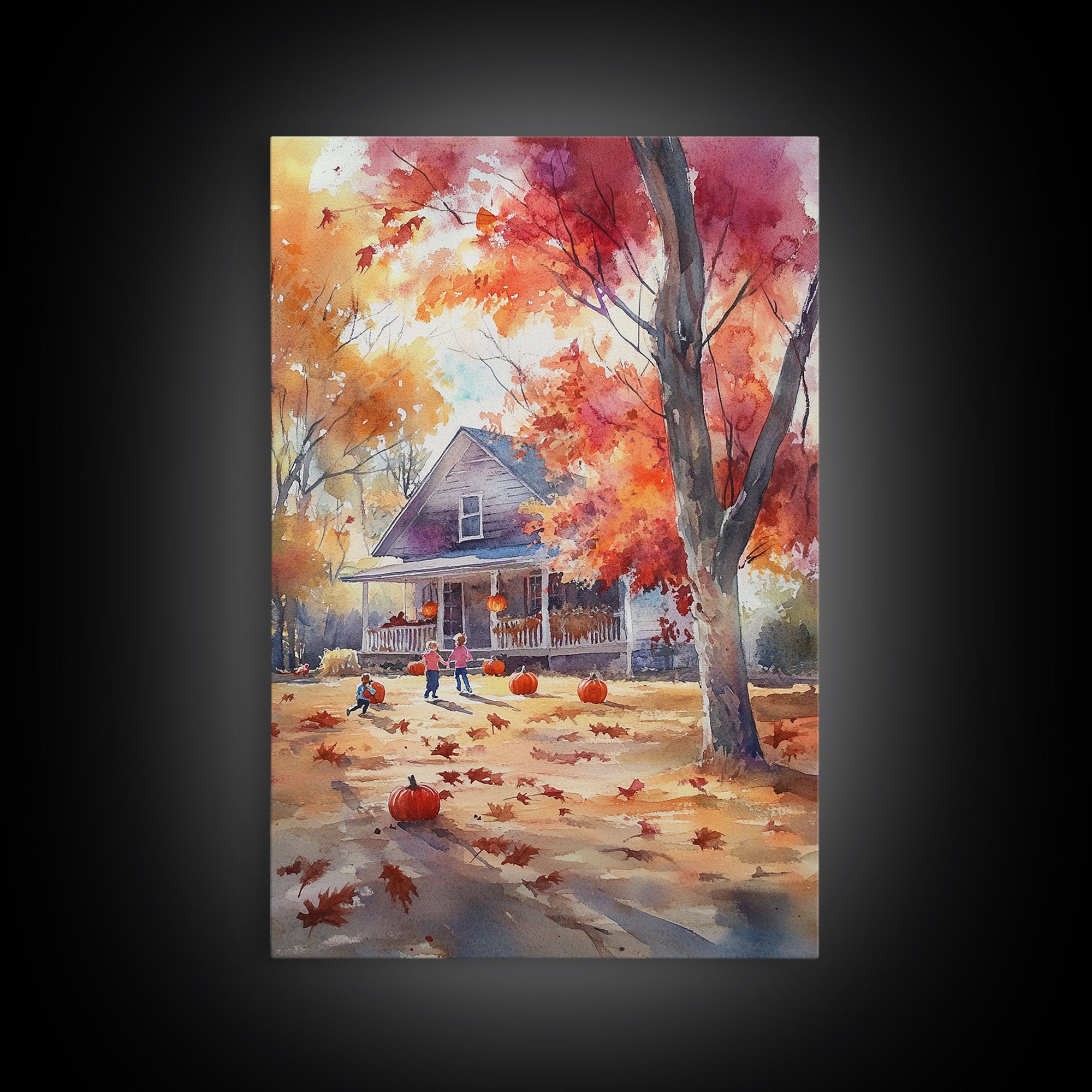 Kids Playing In Fall Leaves Framed Canvas Print Autumn Country Wall Art Farmhouse Decor Best Gift Idea Seasonal Holiday Wall Art