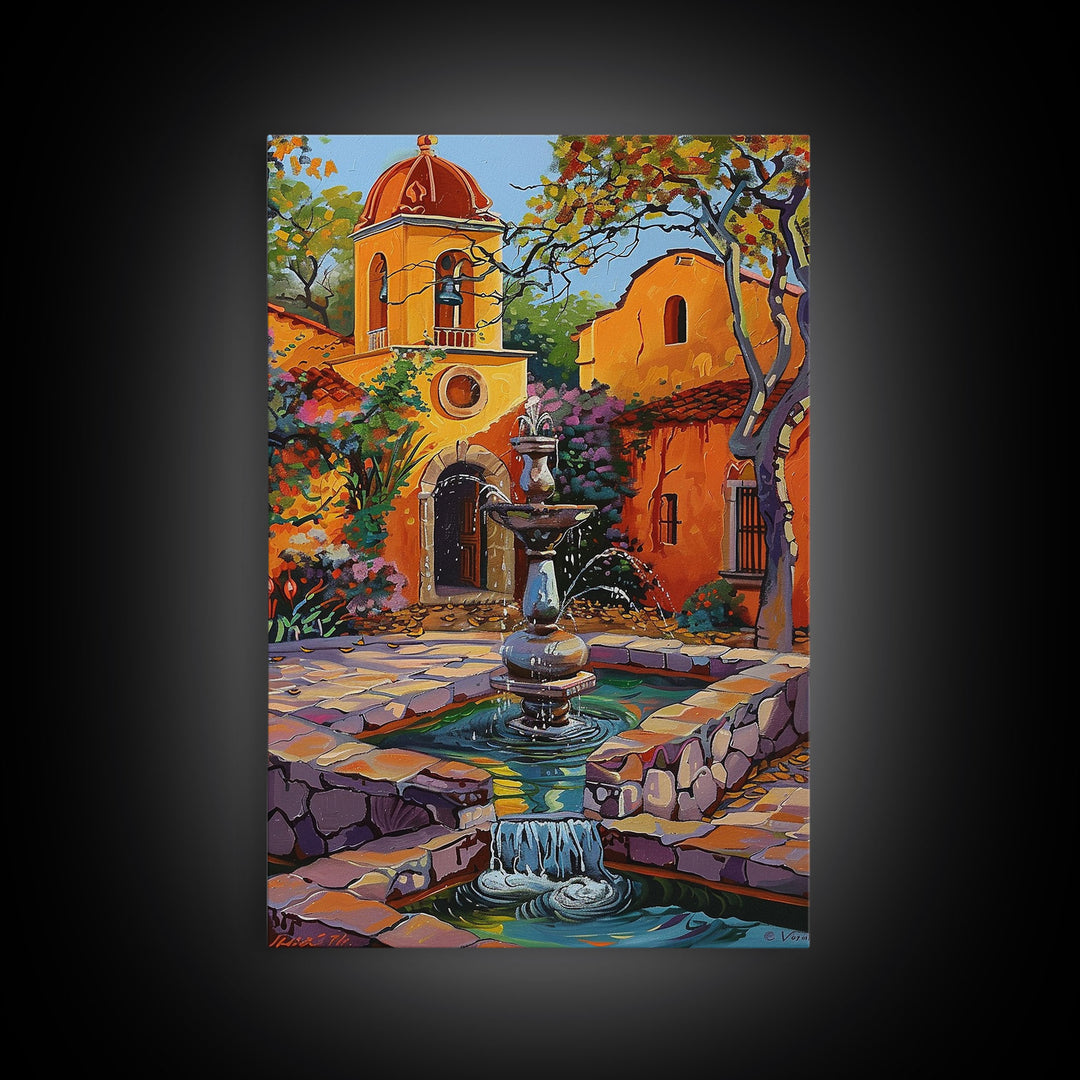Mexican Style Framed Canvas Print Tall Art Vibrant Outdoor Fountain Scene With Colorful Architecture