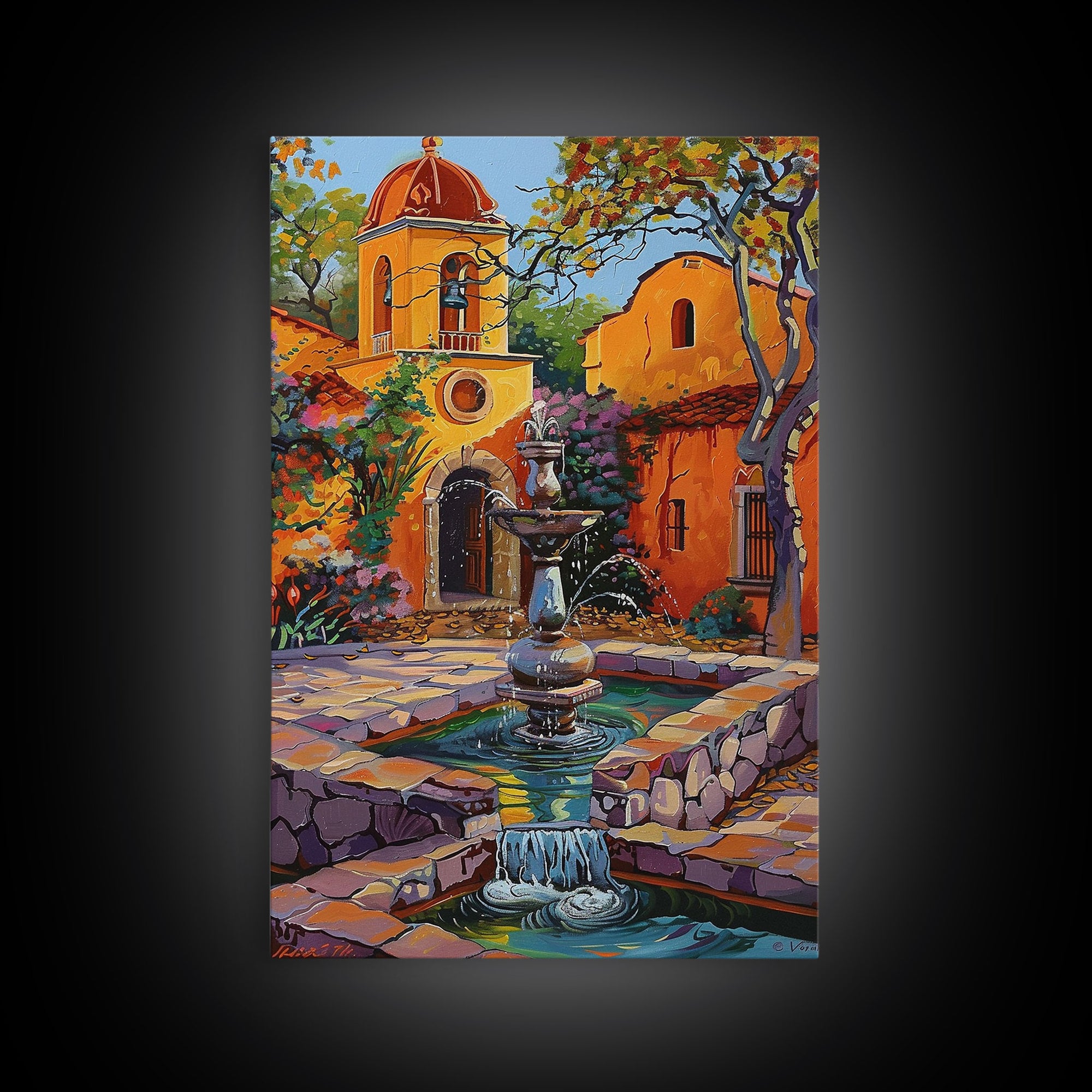 Mexican Style Framed Canvas Print Tall Art Vibrant Outdoor Fountain Scene With Colorful Architecture