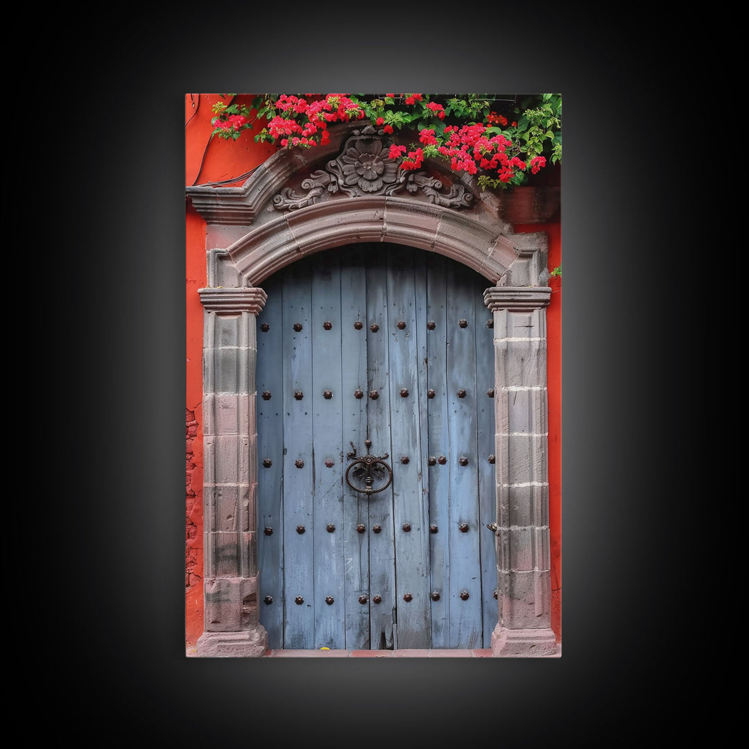Mexican Style Colorful Architecture Framed Canvas Print Tall Art Depicting Traditional Blue Doors