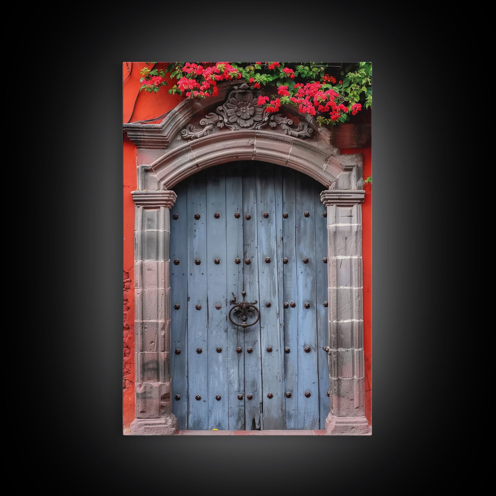 Mexican Style Colorful Architecture Framed Canvas Print Tall Art Depicting Traditional Blue Doors