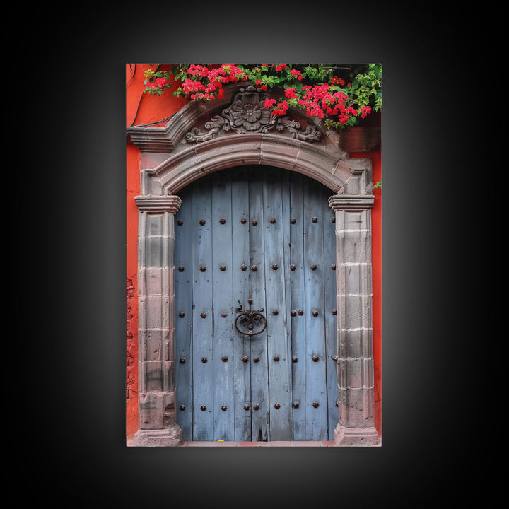 Mexican Style Colorful Architecture Framed Canvas Print Tall Art Depicting Traditional Blue Doors