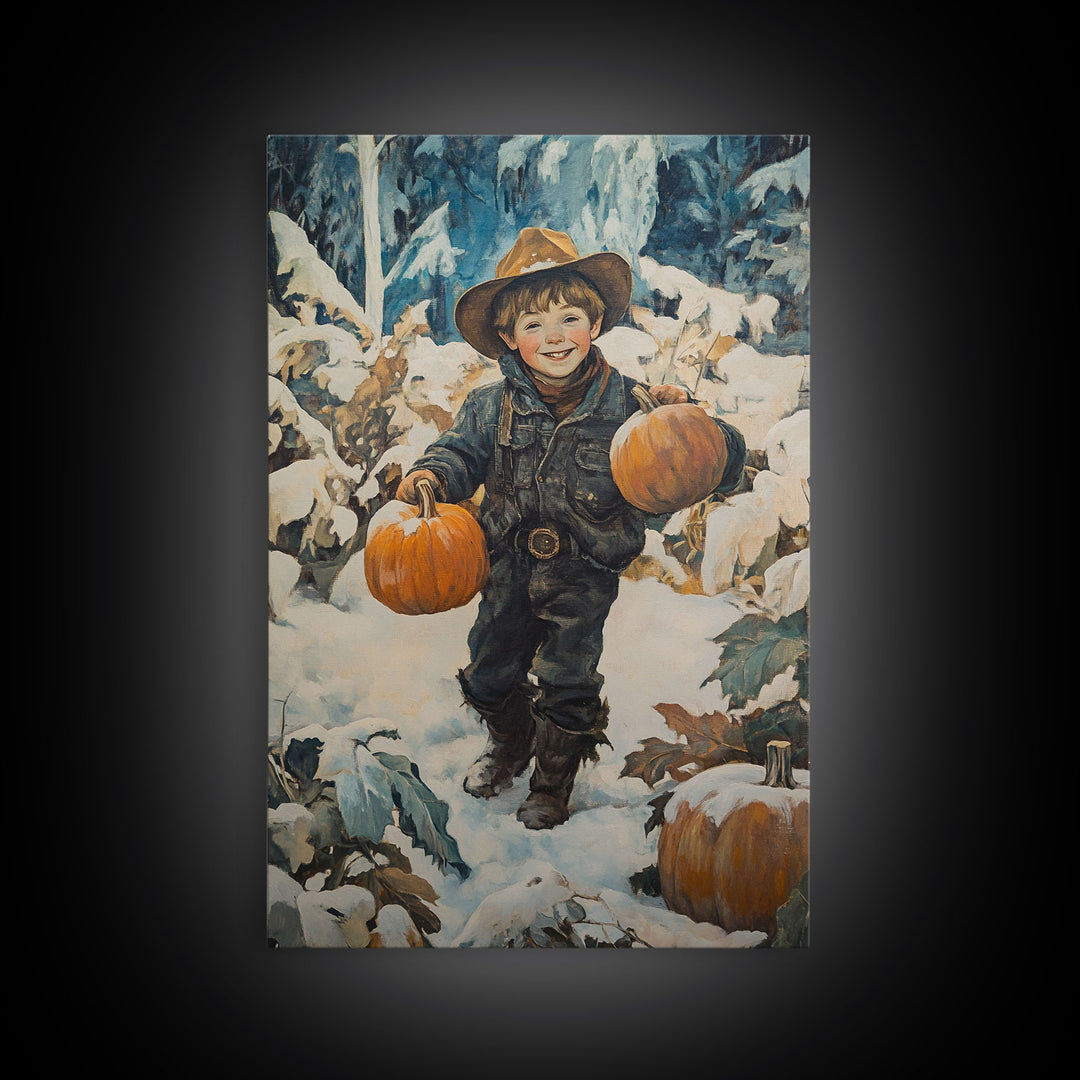 Cowboy Christmas Decor Framed Canvas Print with Pumpkin in Snow, Rustic Holiday Home Wall Art and Seasonal Gift Idea 2024