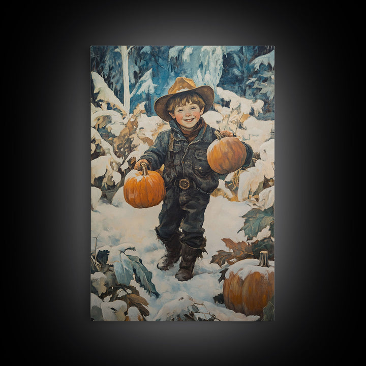 Cowboy Christmas Decor Framed Canvas Print with Pumpkin in Snow, Rustic Holiday Home Wall Art and Seasonal Gift Idea 2024