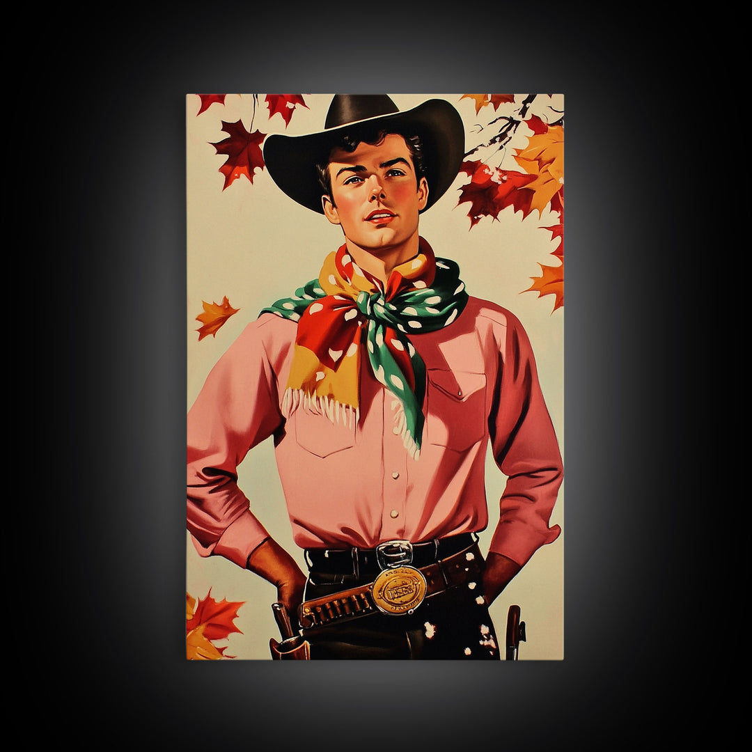 Cowboy Christmas Wall Art Canvas Print with Autumn Leaves, Seasonal Holiday Decor and Gift Idea 2024