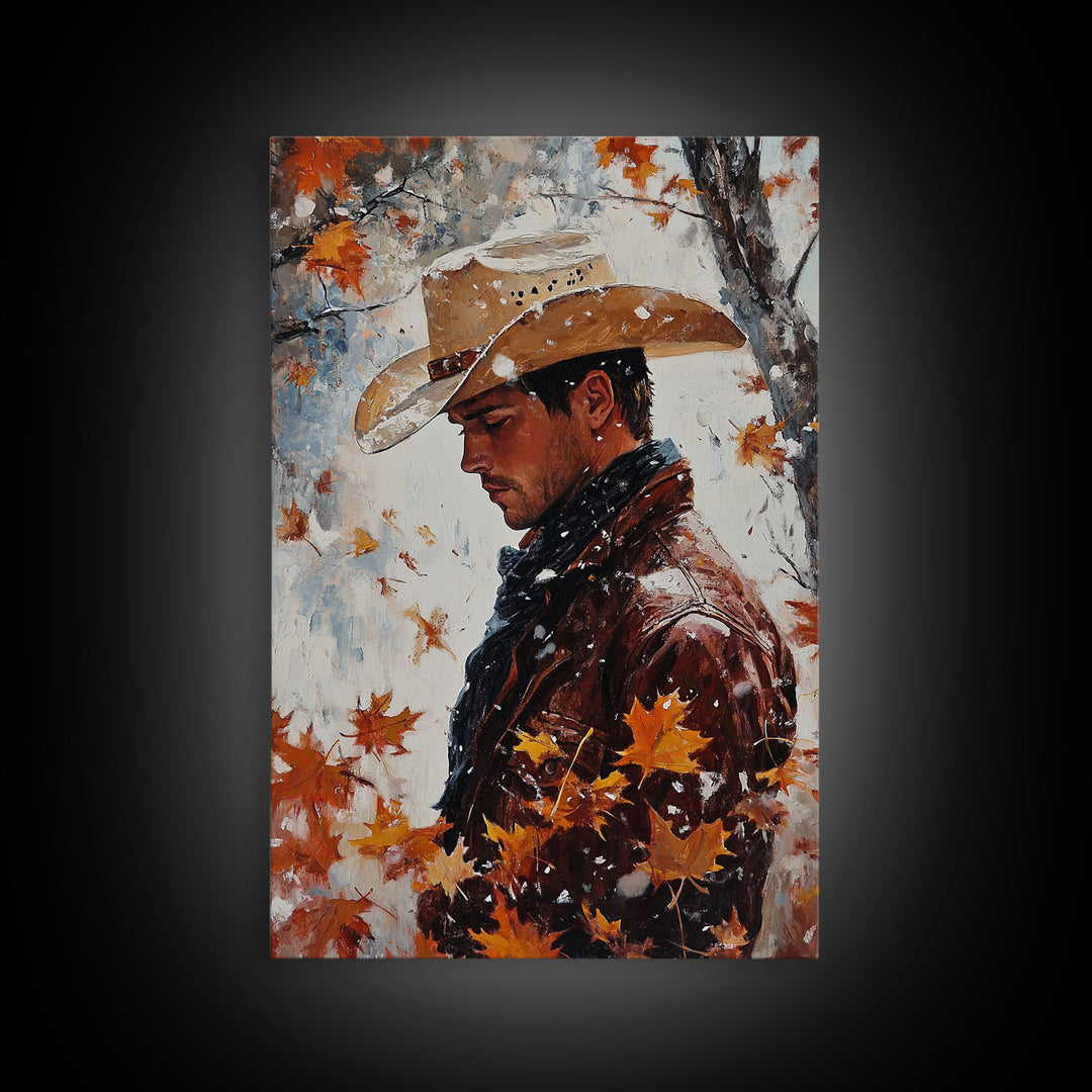 Rustic Cowboy Holiday Art Framed Canvas Print with Falling Leaves, Perfect Autumn Decor and Seasonal Gift Idea 2024