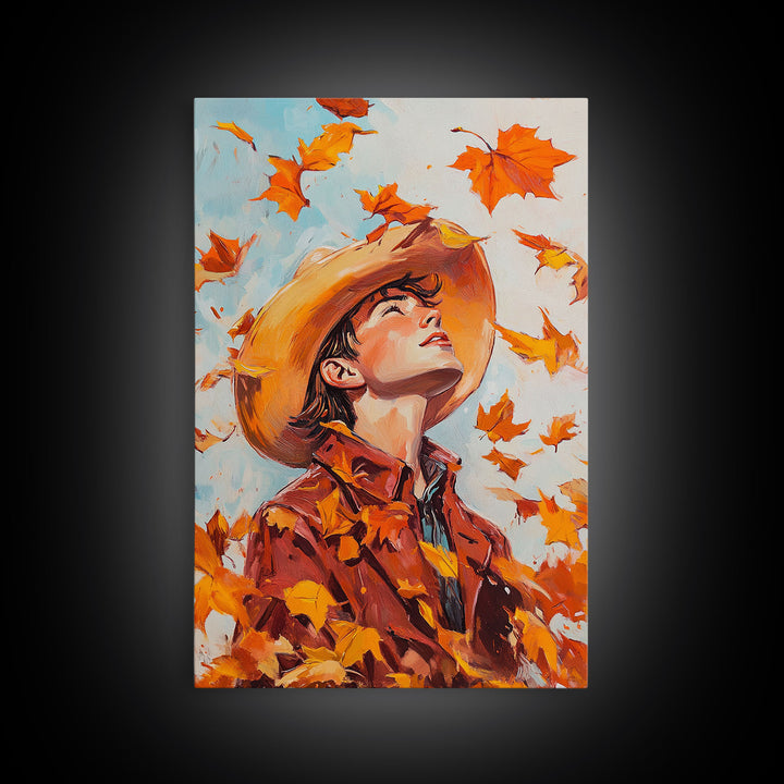 Cowboy Fall Decor Canvas Print with Windblown Leaves, Rustic Farmhouse Autumn Holiday Wall Art Seasonal Gift Idea 2024