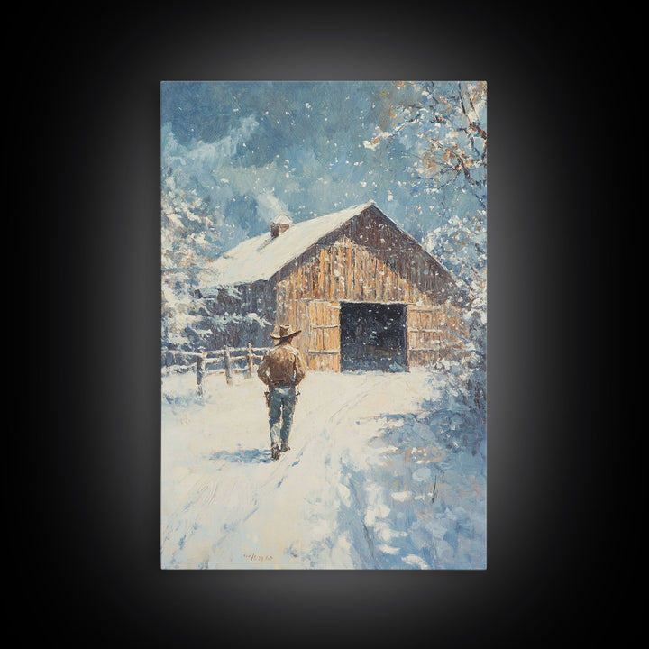 Cowboy Walking in Snow Scene Framed Canvas Print - Moody Landscape Art for Winter Home Decor 2024 Rustic Winter Wall Art