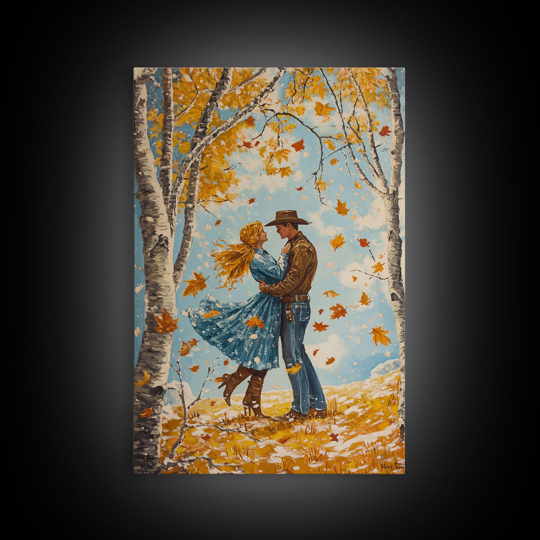 Romantic Fall Couple Framed Canvas Print - 2024 Autumn Love Country Cowboy Art Gift Idea for Fall Home Decor