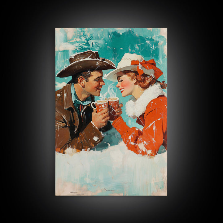Cozy Couple Hot Cocoa Framed Canvas Print - Retro Vintage Christmas Art 2024 Christmas Decor Perfect for Holiday Wall Art