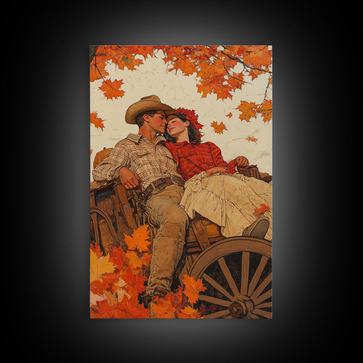 Cozy Fall Couple in Wagon Framed Canvas Print - 2024 Vintage Autumn Love Art Best Gift Idea Fall Farmhouse Wall Decor