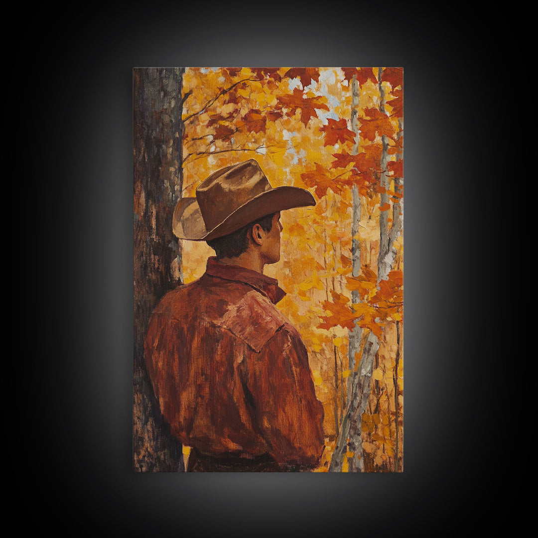 Cowboy in Autumn Forest Framed Canvas Print - Rustic Fall Wall Art Perfect Gift Idea 2024 Country Decor - Moody Landscape Art