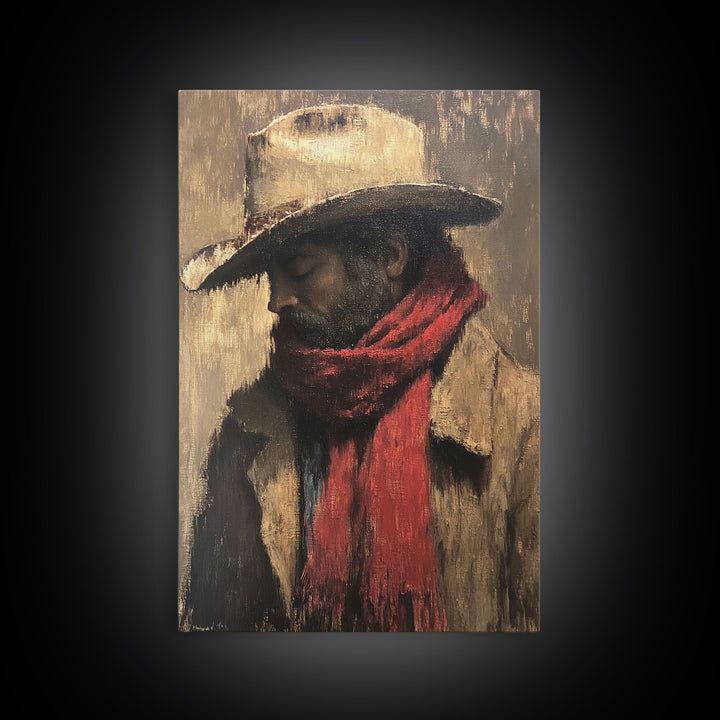 Moody Cowboy with Red Scarf Framed Canvas Print - Rustic Winter Landscape Art Best Gift Idea 2024 Christmas Wall Art
