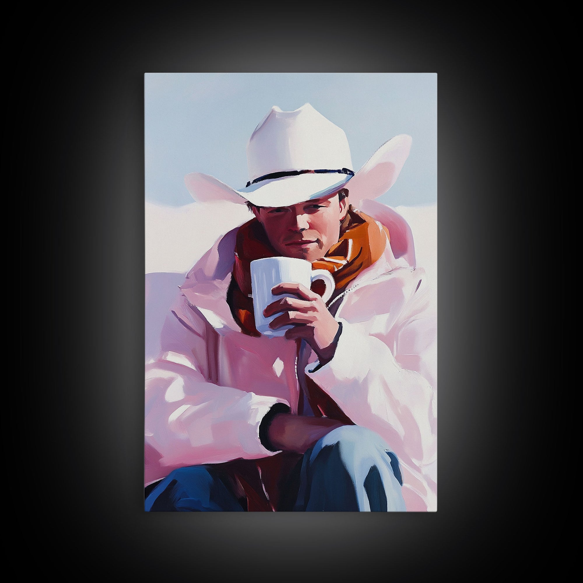 Cowboy with Mug in Snow Framed Canvas Print - Winter Country Scene Art Best 2024 Christmas Wall Decor Gift Idea
