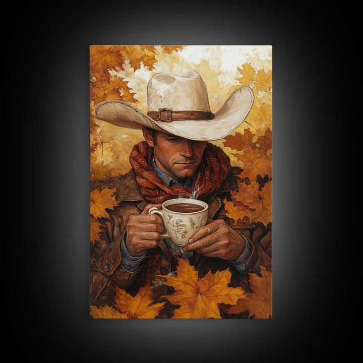 Cowboy Holding Hot Drink Framed Canvas Print - Moody Winter Landscape Art Perfect 2024 Christmas Wall Decor