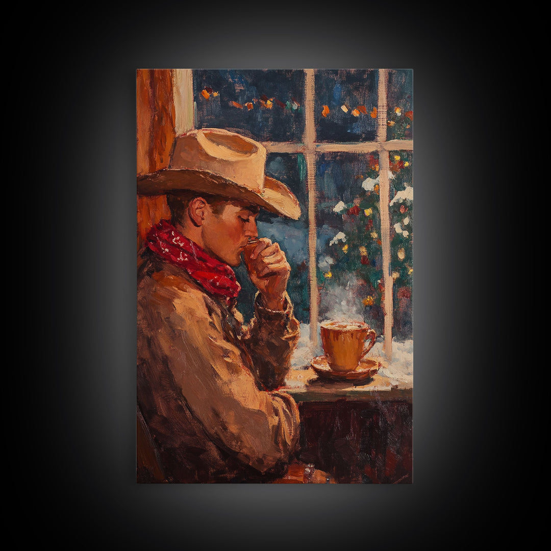 Cowboy in Snow with Coffee Framed Canvas Print - Winter Country Scene Art 2024 Cozy Christmas Wall Decor and Gift Idea