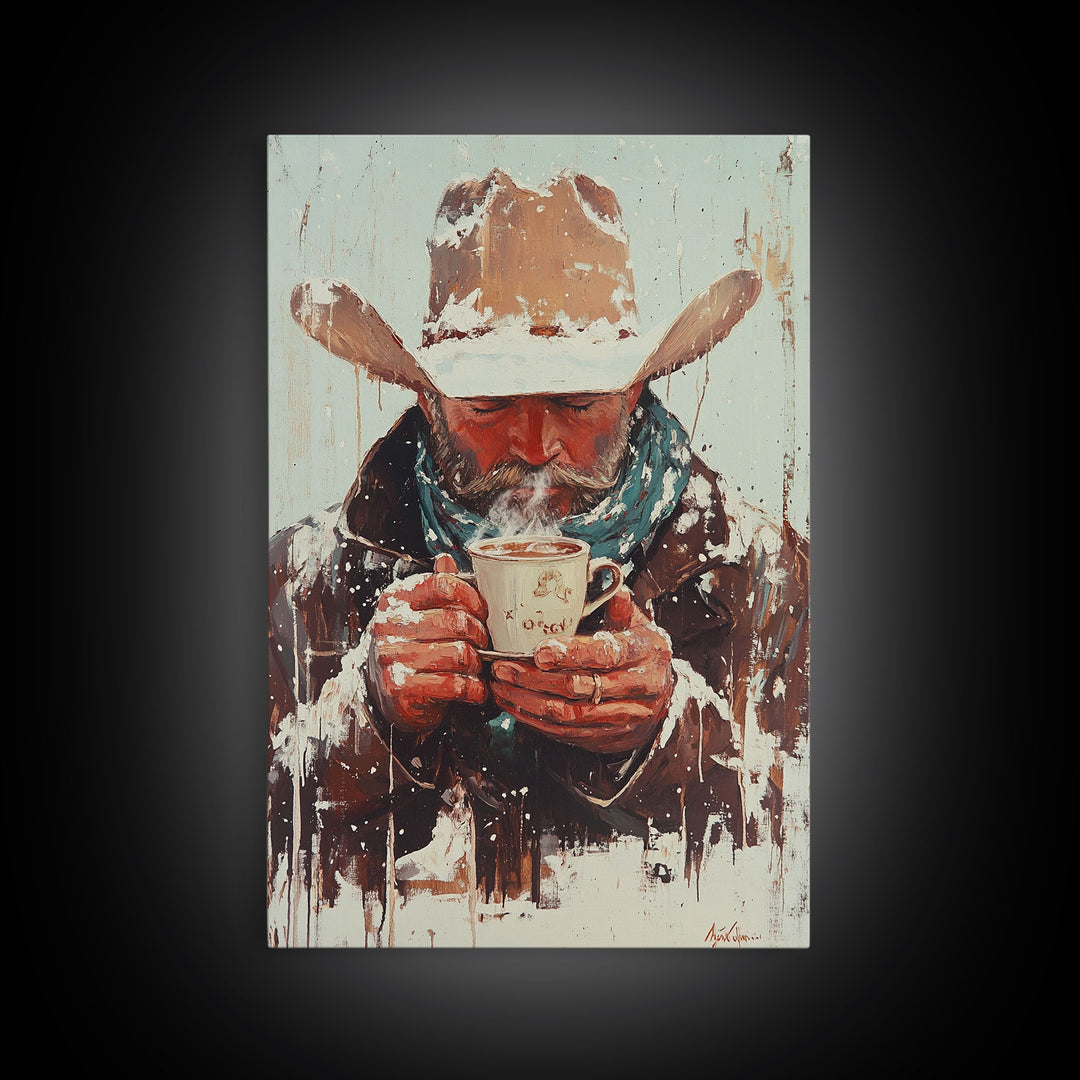 Cowboy Riding Horse in Winter Forest Framed Canvas Print - Moody Winter Landscape Art Perfect 2024 Christmas Home Decor