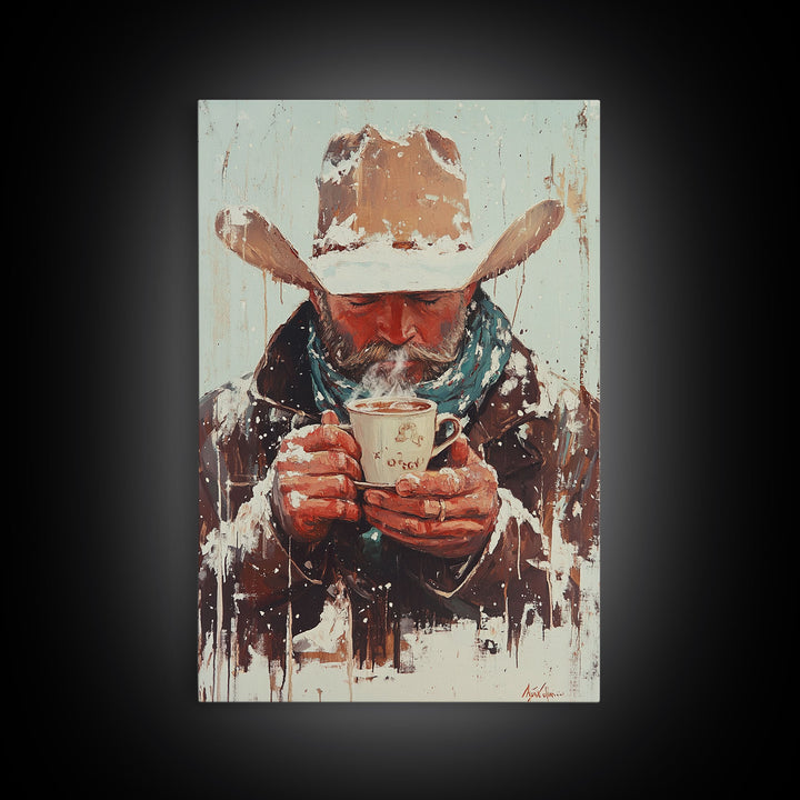 Cowboy Riding Horse in Winter Forest Framed Canvas Print - Moody Winter Landscape Art Perfect 2024 Christmas Home Decor