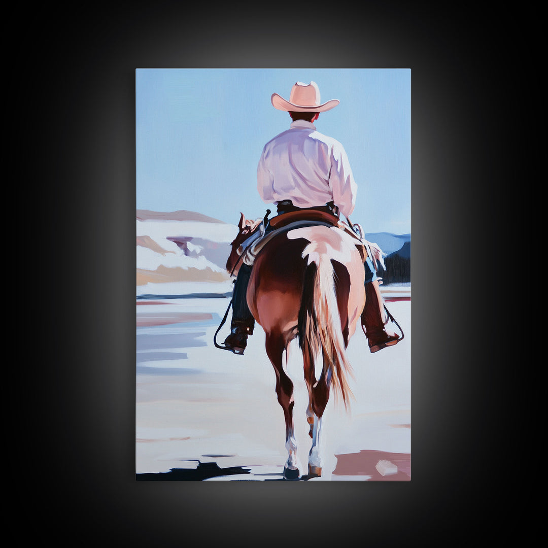 Cowboy Riding Horse Autumn Path with Fall Leaves Framed Canvas Print Vintage Christmas Wall Art Winter Landscape Christmas Decor Gift Idea