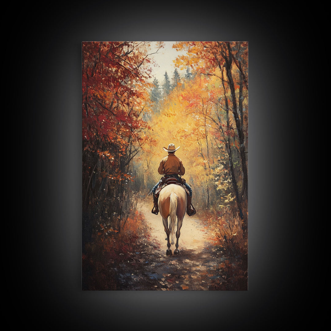 Cowboy Rider in Vibrant Autumn Forest Canvas Print Fall Season Wall Art Gallery Wall Christmas Wall Decor Vintage Cowboy Art Gift Idea