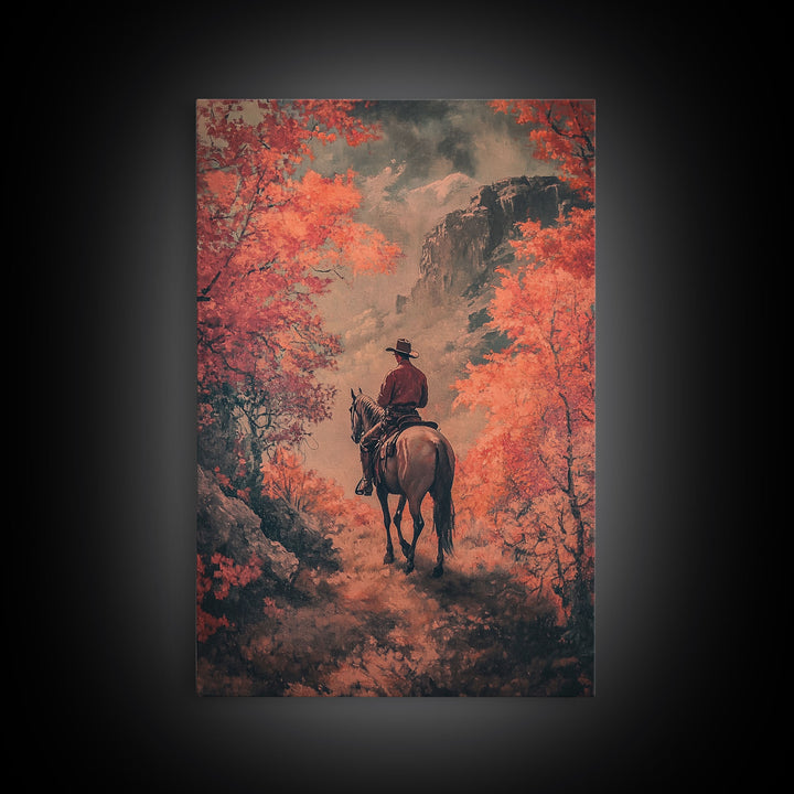 Cowboy in Forested Autumn Trail Framed Canvas Print Vintage Christmas Wall Decor Autumn Landscape Christmas Art Print Country Christmas