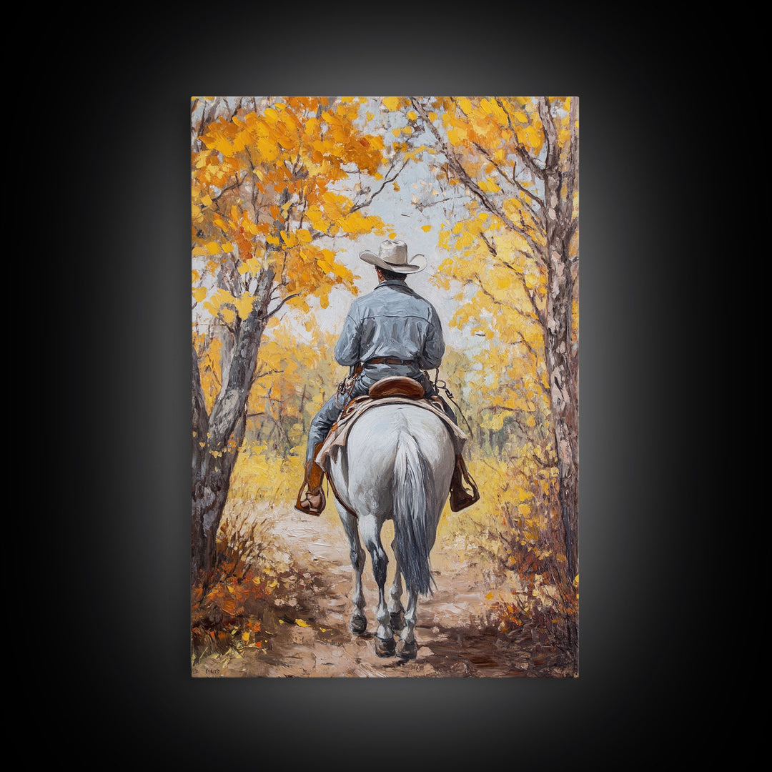 Lone Cowboy Riding Through Red Autumn Trees Framed Canvas Print Vintage Christmas Wall Art Fall Decor Winter Wonderland Seasonal Wall Art