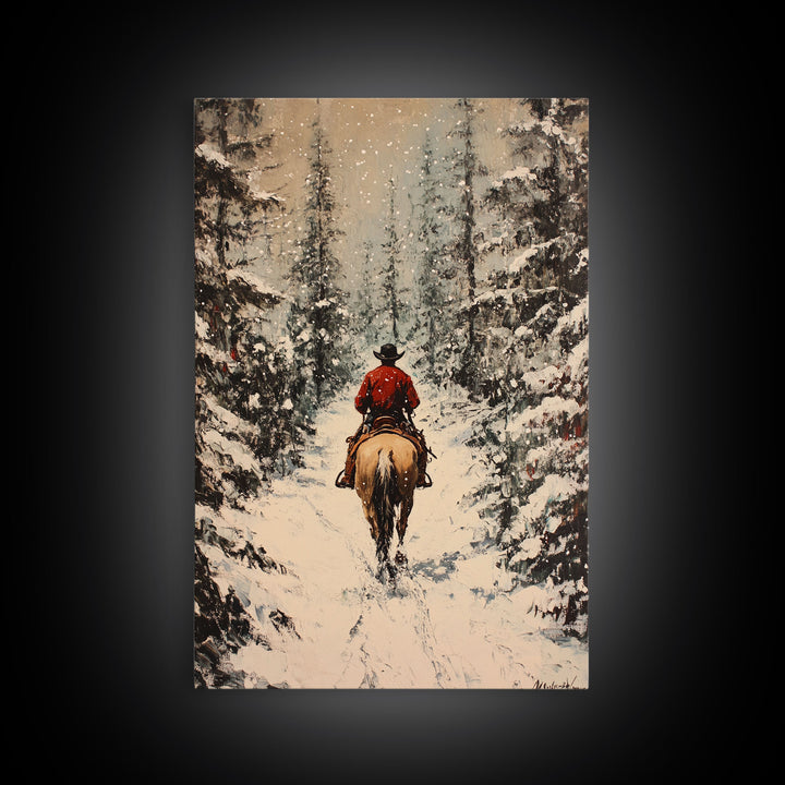 Cowboy on Horseback in Golden Autumn Trees Framed Canvas Print Rustic Christmas Wall Art Fall Decor Country Christmas Gift Seasonal Wall Art