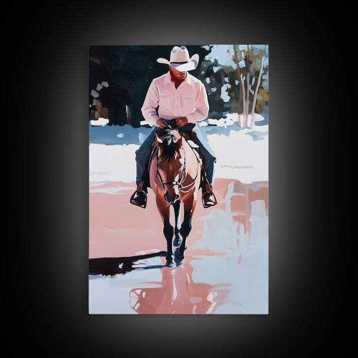 Cowboy Riding Through Snowy Winter Woods Framed Canvas Print Vintage Christmas Wall Art Winter Landscape Decor Landscape Christmas Decor
