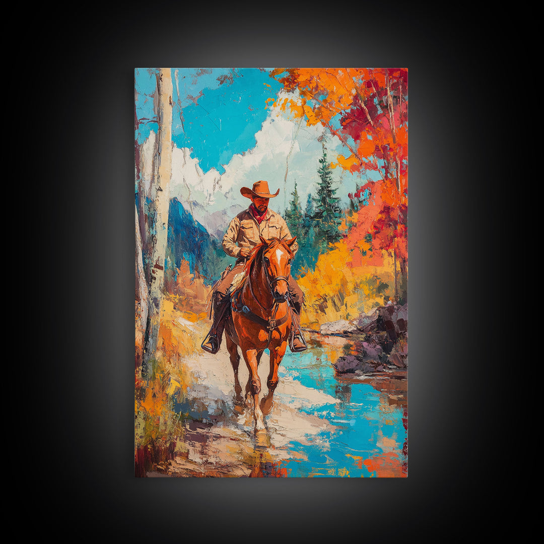 Cowboy in Snowy Landscape Canvas Print Christmas Wall Art Winter Wonderland Christmas Decor Vintage Western Christmas Gift Seasonal Wall Art