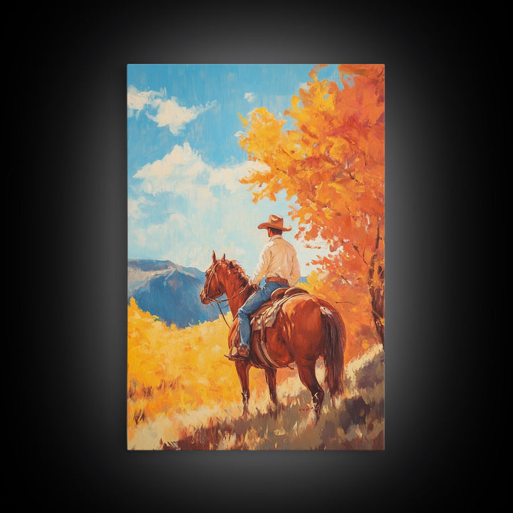 Cowboy in Colorful Autumn Trail Framed Canvas Print Country Christmas Decor Fall Wall Art Vintage Christmas Decor Gift Idea Gallery Wall Art