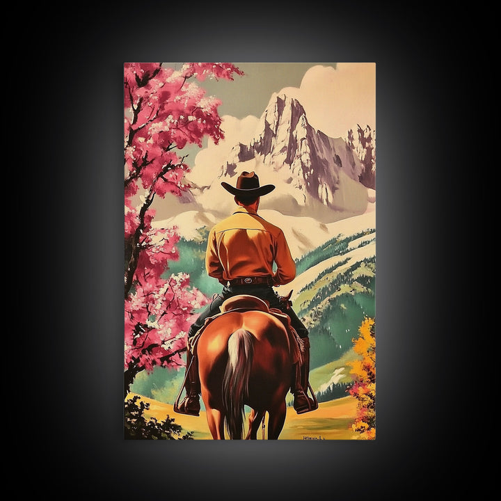 Cowboy Rider in Autumn Field with Mountains Framed Canvas Print Fall Landscape Wall Art Christmas Wall Decor Vintage Christmas Gift Idea