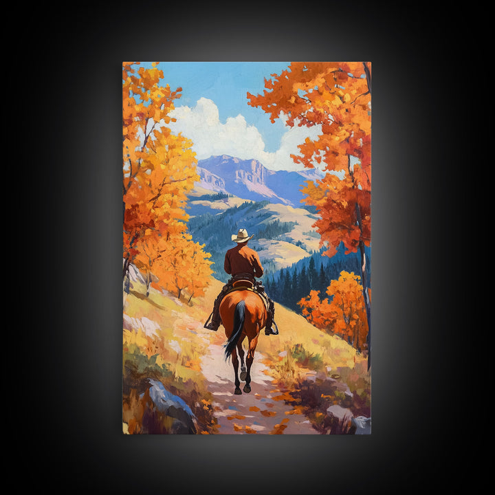 Cowboy Riding Through Autumn Mountains Framed Canvas Print Fall Landscape Art Christmas Decor Seasonal Wall Art Cowboy Christmas Gift Idea