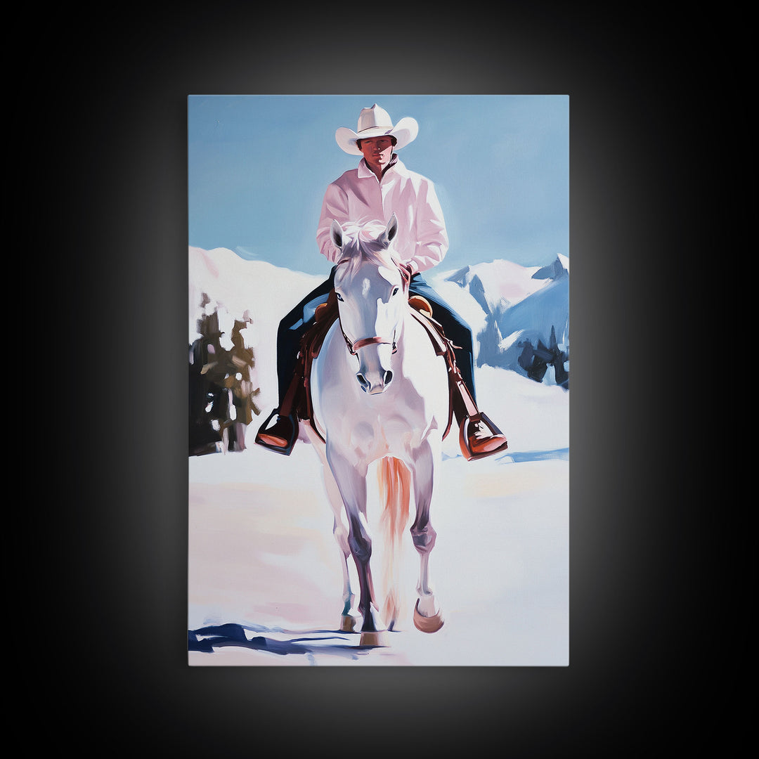 Lone Cowboy on White Horse in Snowy Landscape Canvas Print Winter Christmas Art Seasonal Wall Art Vintage Christmas Moody Landscape Gift