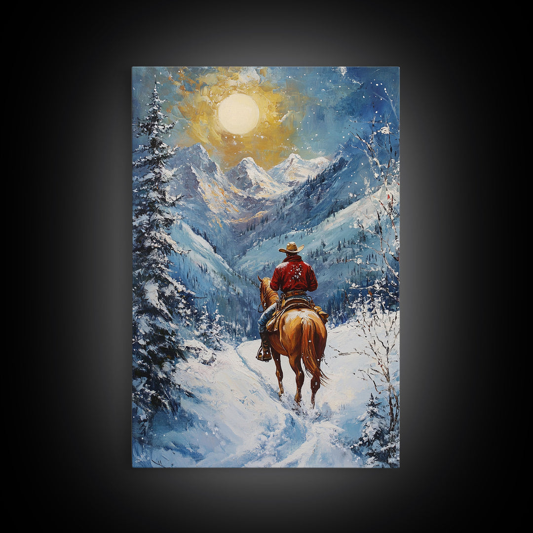 Cowboy in Winter Mountain Scene Canvas Print Christmas Wall Art Vintage Christmas Decor Winter Wonderland Gift Idea Seasonal Wall Art