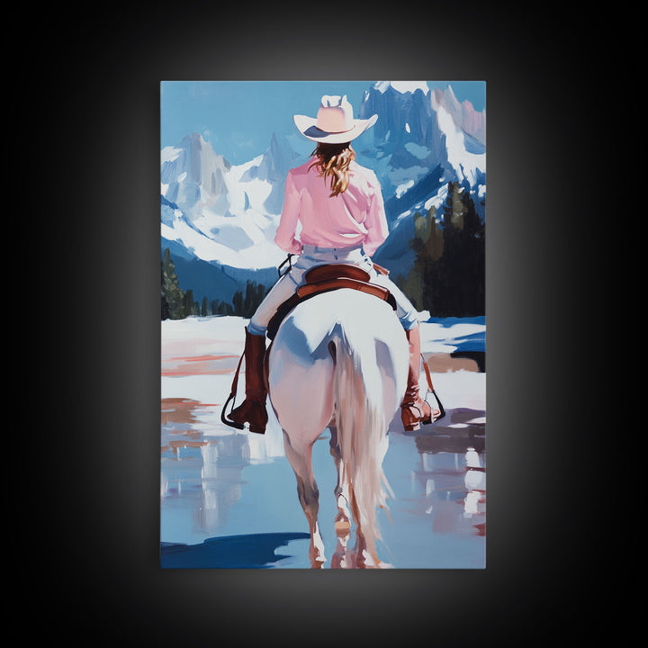 Female Cowboy Riding Through Winter Mountains Framed Canvas Print Christmas Wall Art Winter Wonderland Vintage Christmas Gift Wall Art