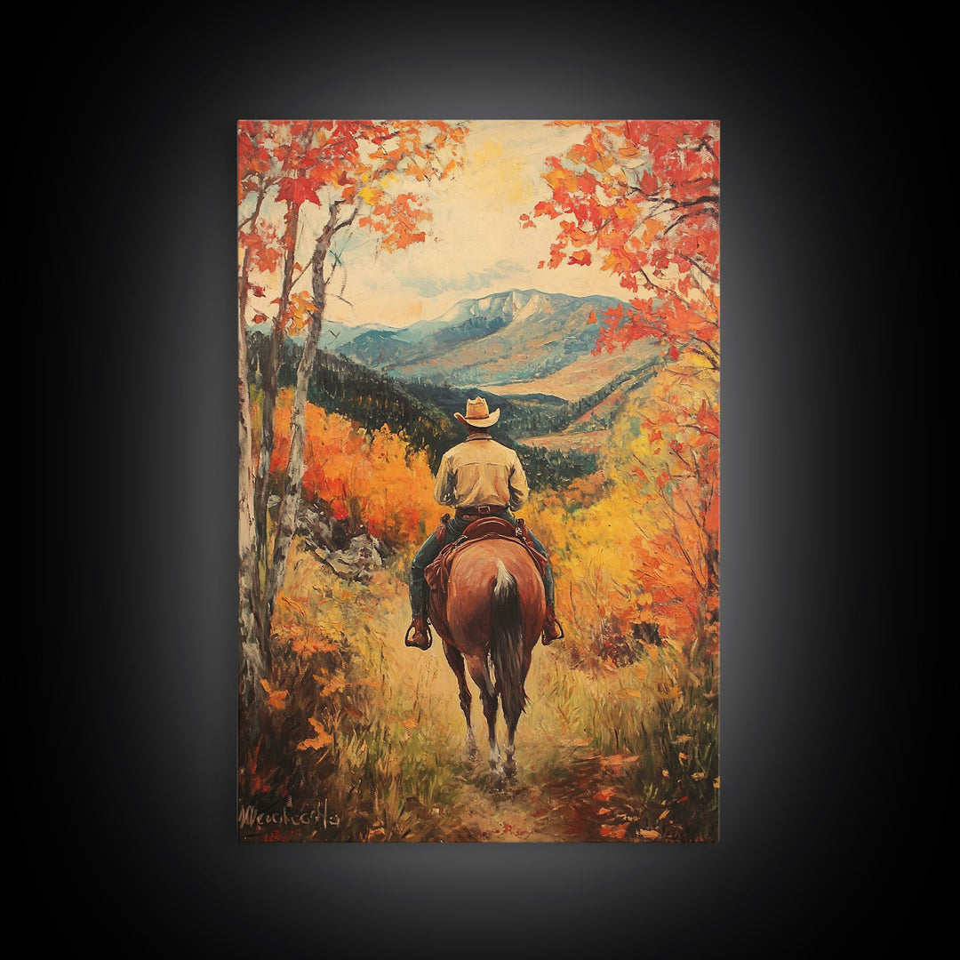 Cowboy in Autumn Landscape Canvas Print Fall Wall Art Vintage Christmas Wall Decor Country Christmas Gift Seasonal Wall Art Fall Decor