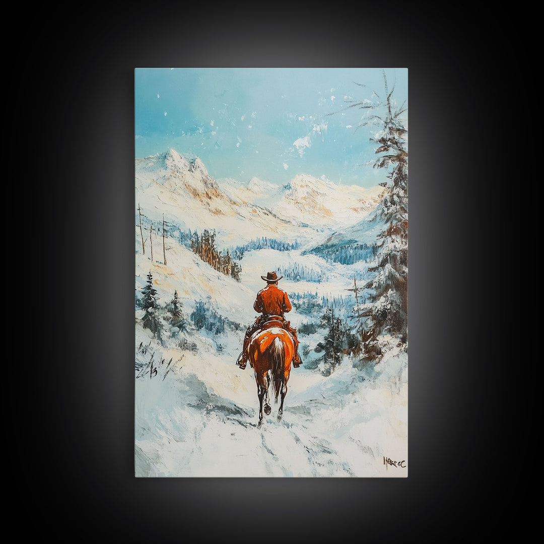 Cowboy Riding Through Snowy Mountains Framed Canvas Print Christmas Wall Art Winter Wonderland Decor Seasonal Wall Art Christmas Gift Idea