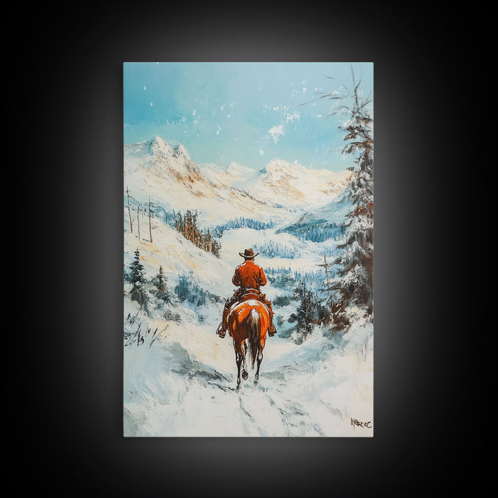 Cowboy Riding Through Snowy Mountains Framed Canvas Print Christmas Wall Art Winter Wonderland Decor Seasonal Wall Art Christmas Gift Idea